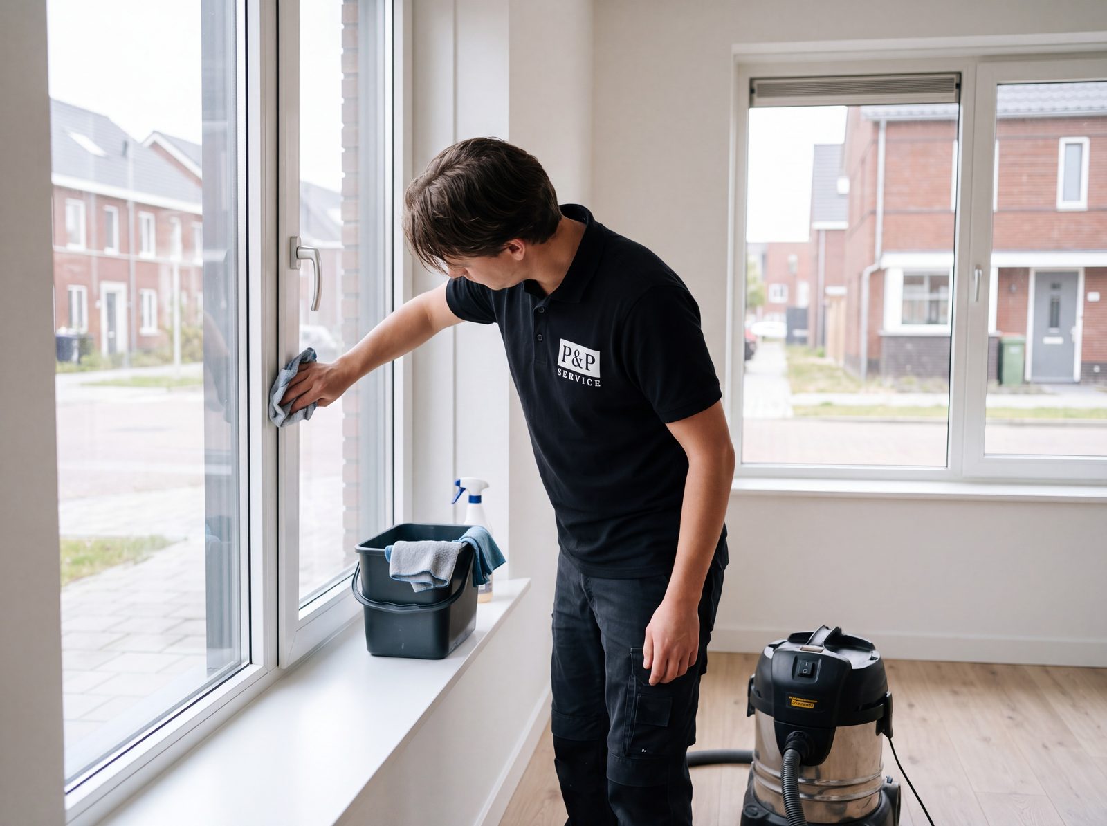 Medewerker maakt een kozijn schoon in een nieuw opgeleverde woning