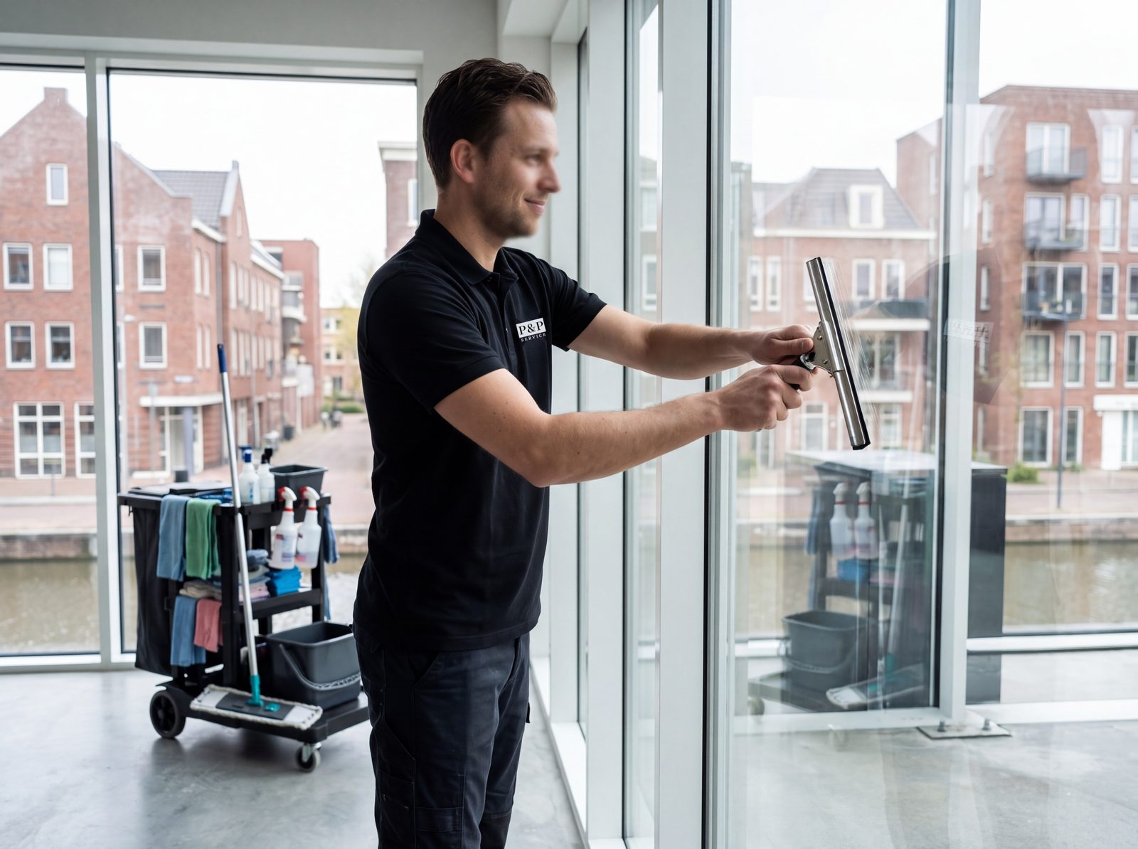 Medewerker wast een grote glazen pui met een trekker