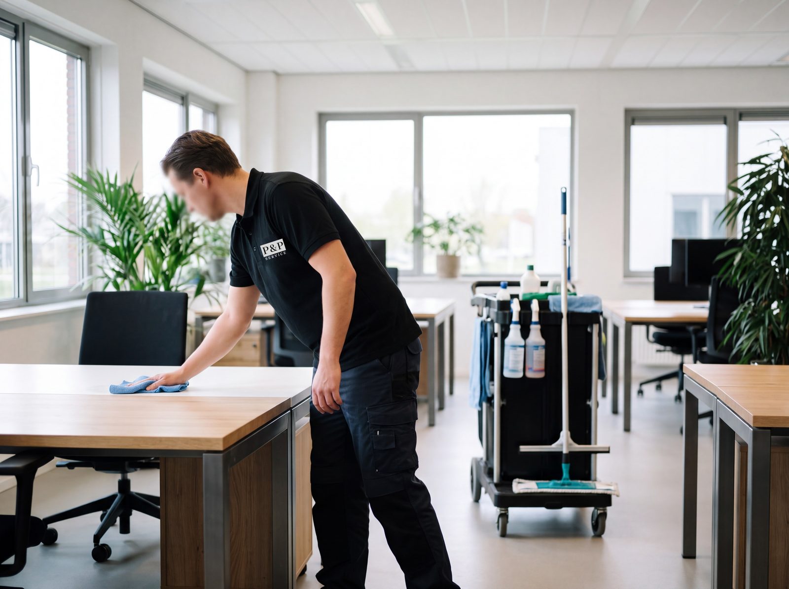 Medewerker maakt een bureau schoon in een lichte kantoorruimte