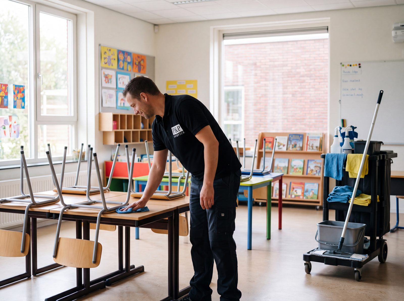 Medewerker in zwart P&P-poloshirt maakt een tafel schoon in een klaslokaal