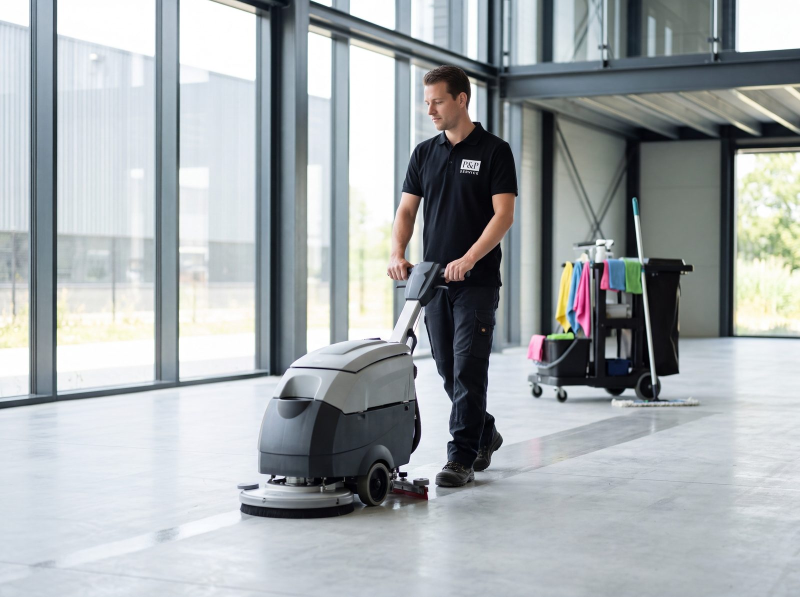 Medewerker reinigt een betonvloer met een schrobzuigmachine in een lichte hal