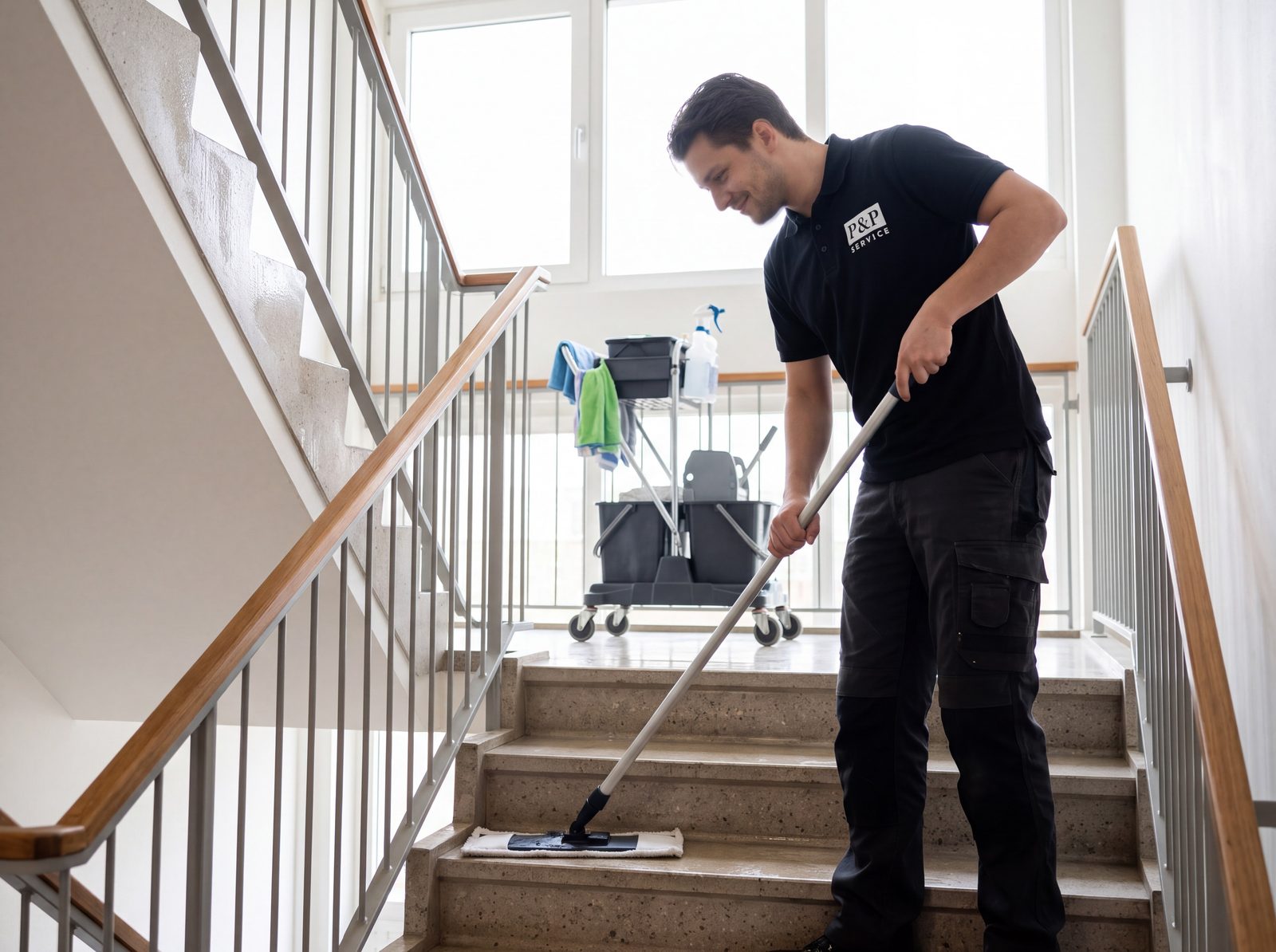 Medewerker dweilt een trap in een trappenhuis